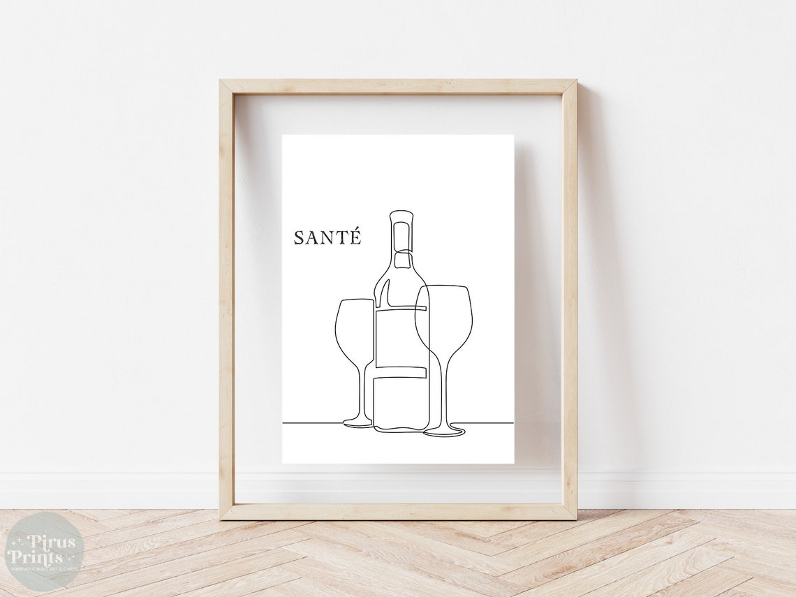 Sante Wine Bottle Line Art Minimal Black White Kitchen Wall Art - Image 3