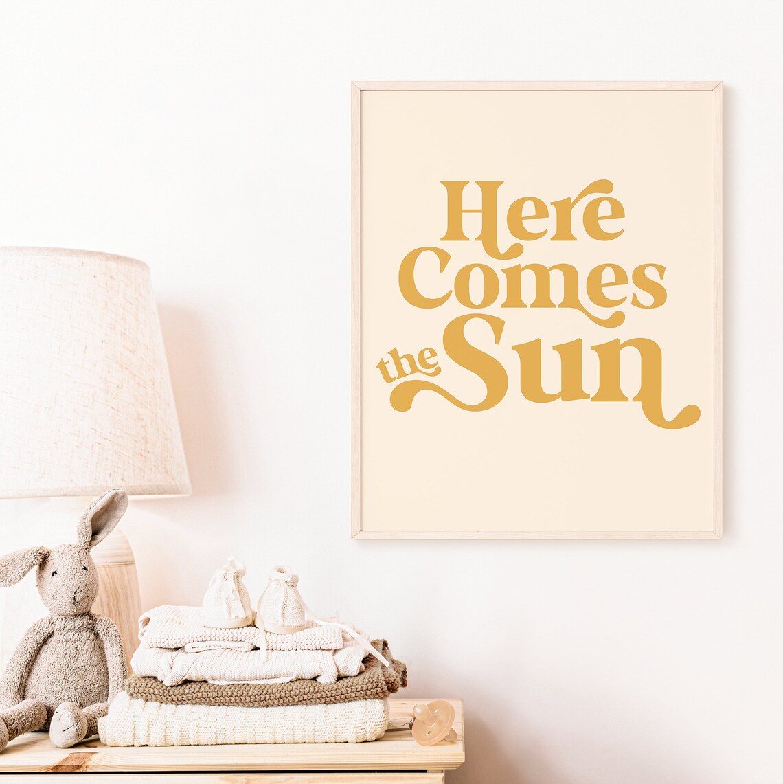 Here Comes The Sun Retro Typography Quote Print Gold Cream Wall Art - Image 2