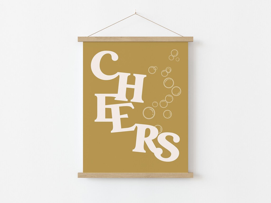 Cheers Retro Typography Print Mustard Gold Bar Cart Party Wall Art - Image 4