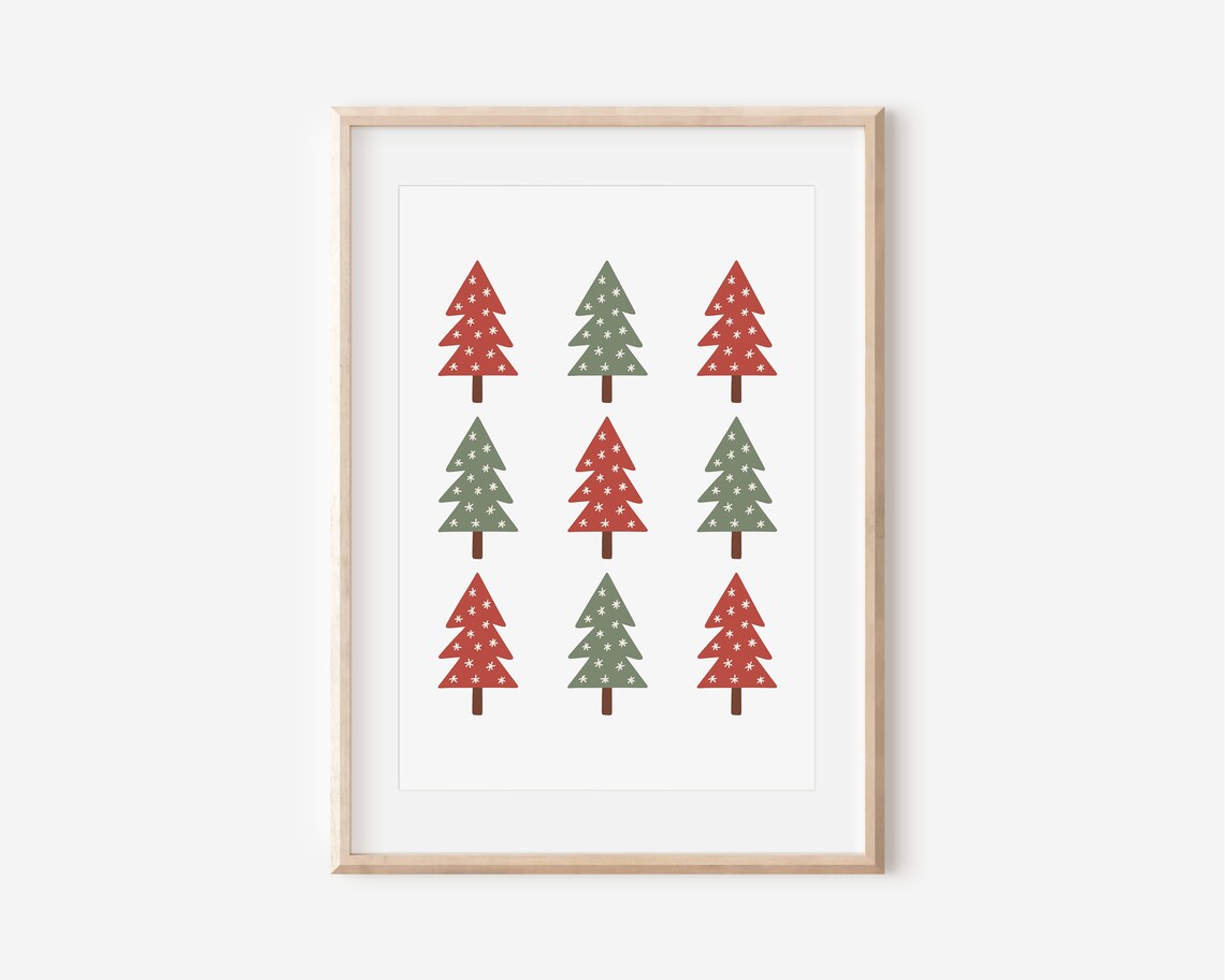 Christmas Trees Grid Print Red Green Snowflake Modern Holiday Wall Art - Image 4