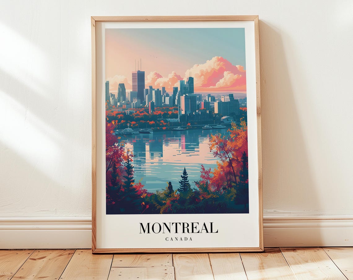 Montreal Canada Skyline River Autumn Foliage Sunset Travel Poster