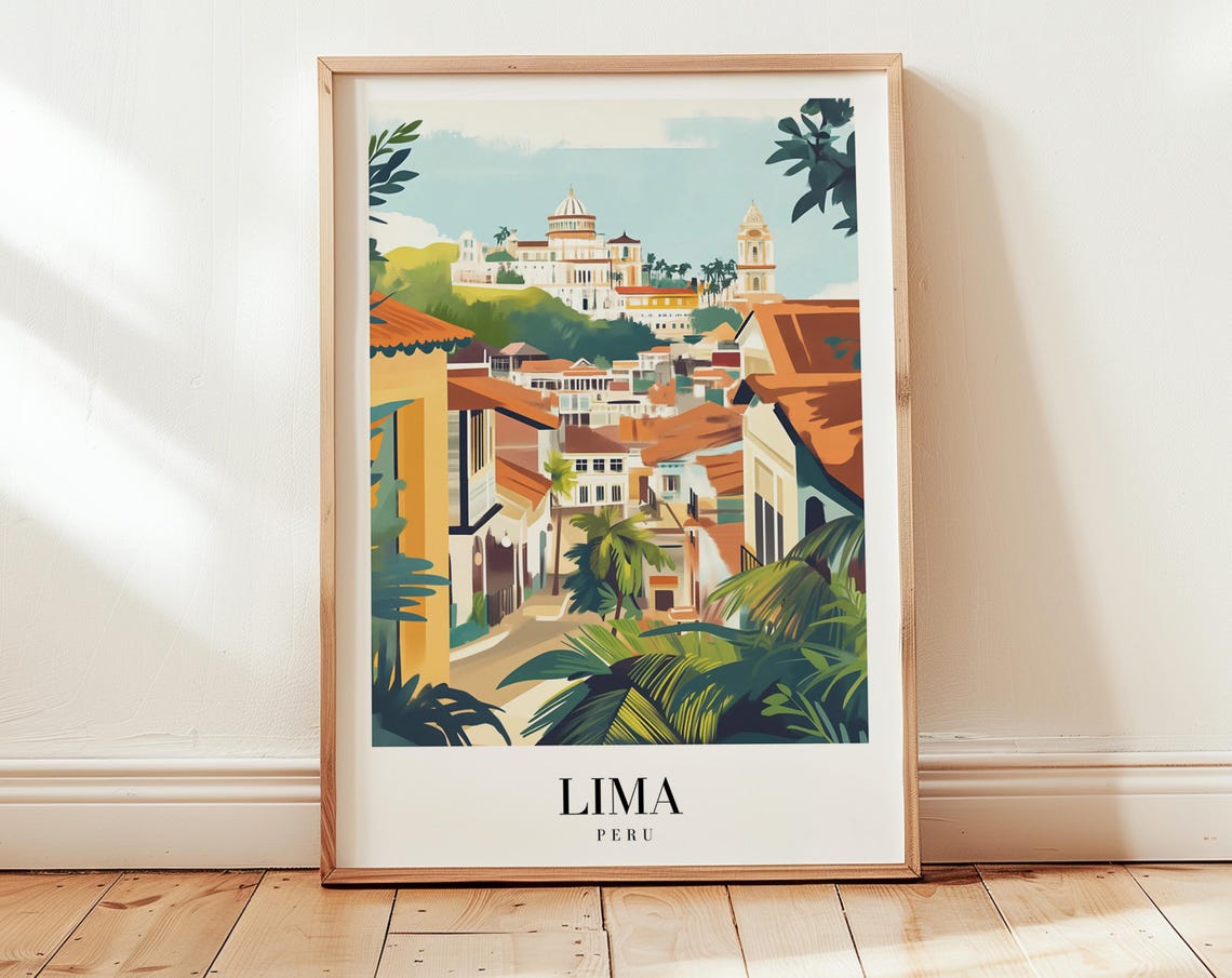 Lima Peru Colonial Old Town Rooftops Cathedral Hill View Travel Poster