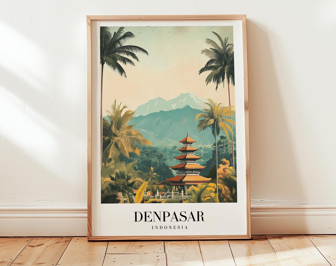 Denpasar Indonesia Balinese Temple Palm Trees Minimalist Travel Poster