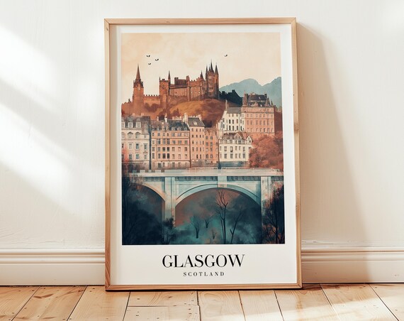 Glasgow Scotland Castle Hill Old Town Bridge View Travel Poster