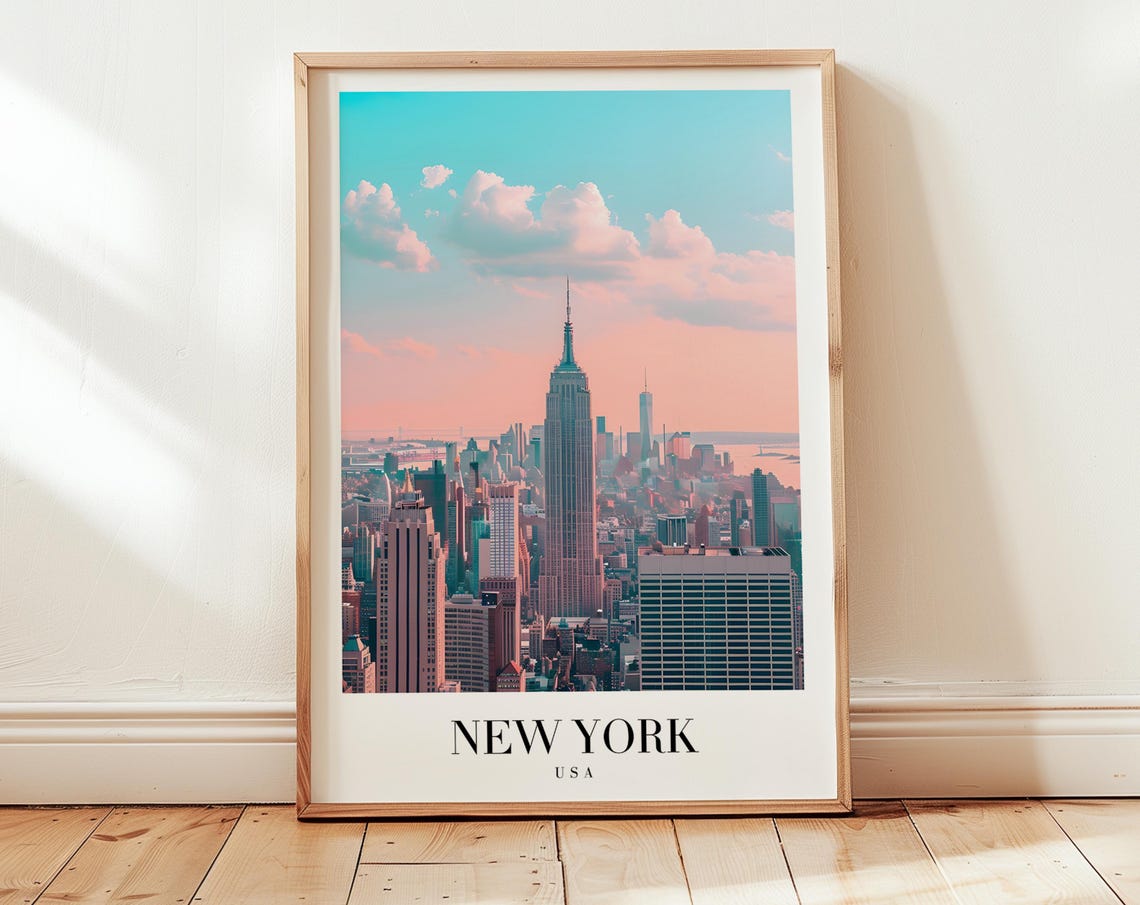 New York USA Empire State Building Sunset Skyline Retro Travel Poster