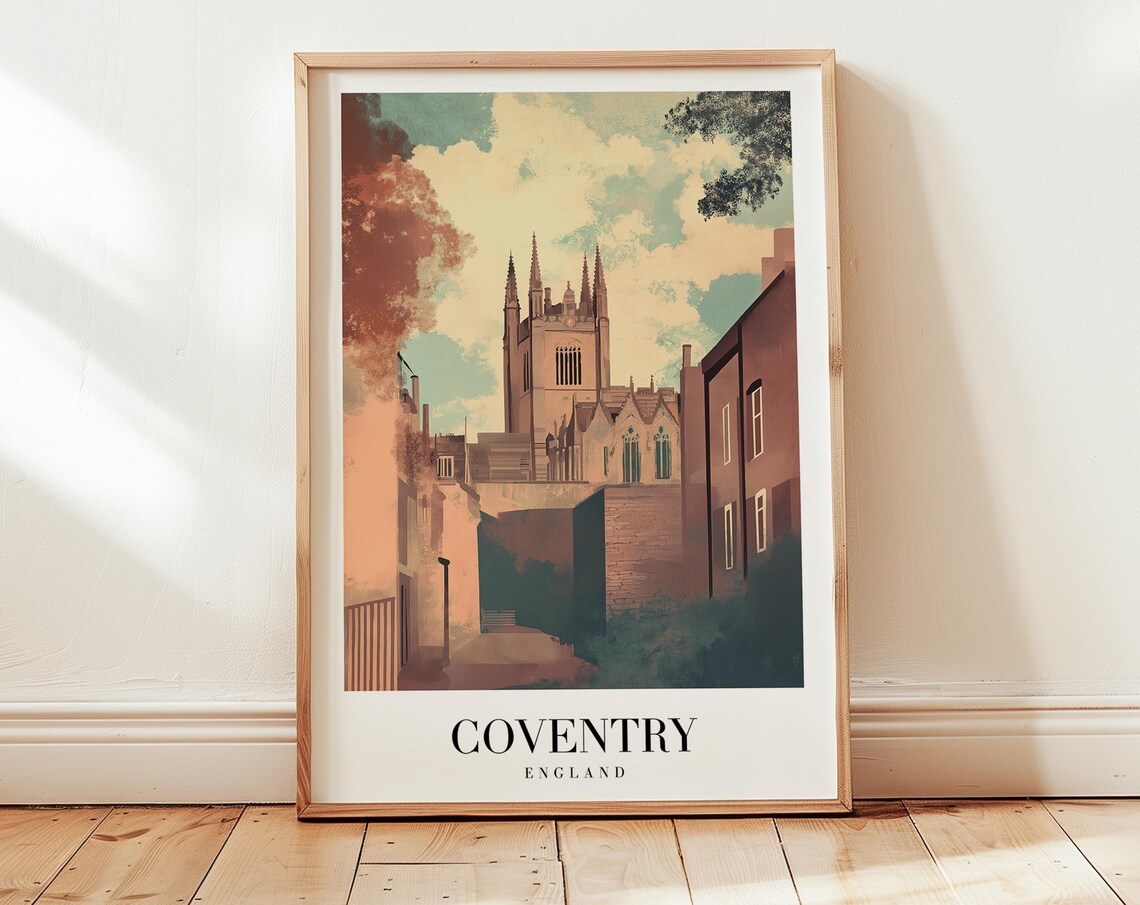 Coventry England Cathedral Spires Street Vintage Travel Poster Decor