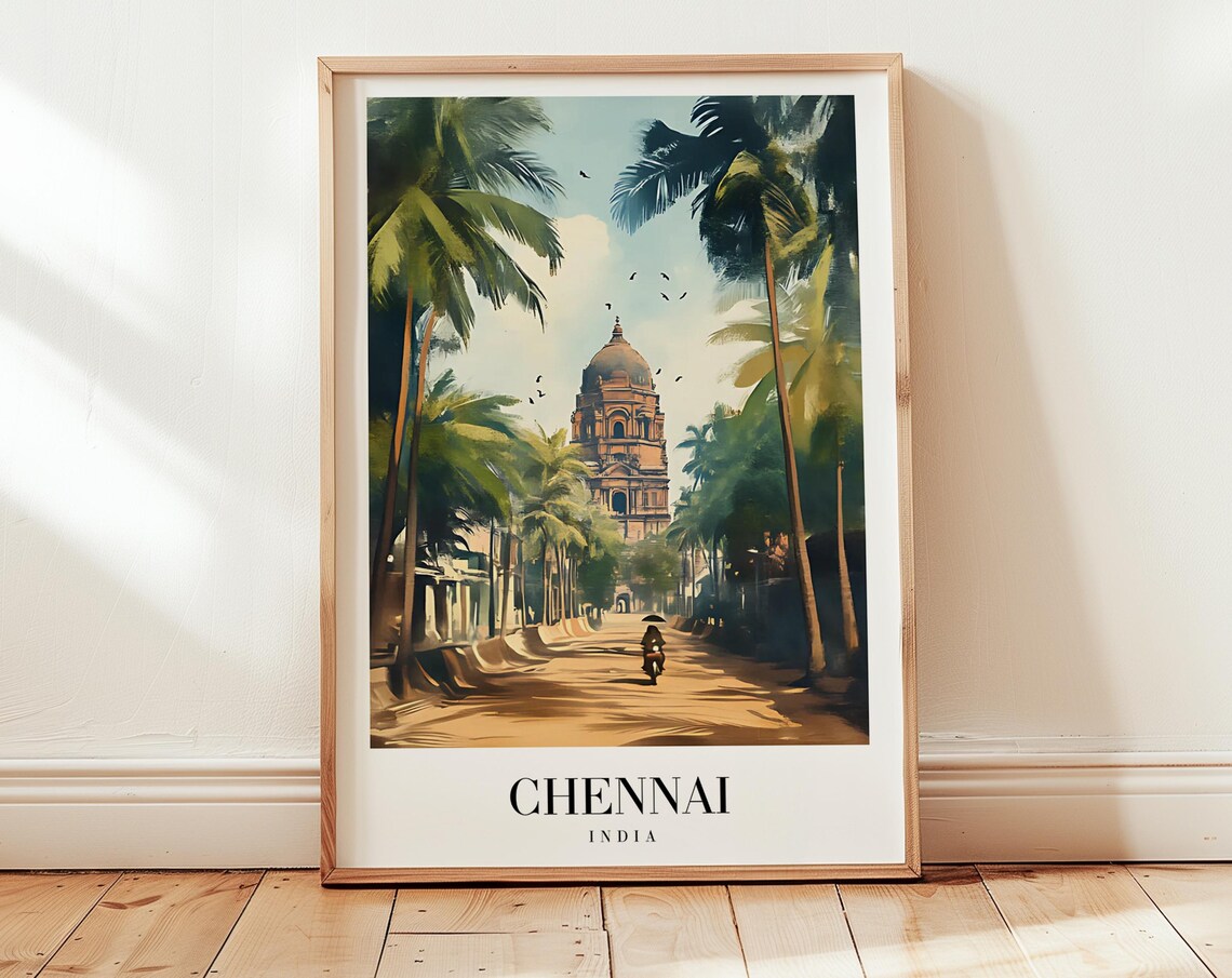 Chennai India Colonial Church Palm Trees Street Travel Art Poster