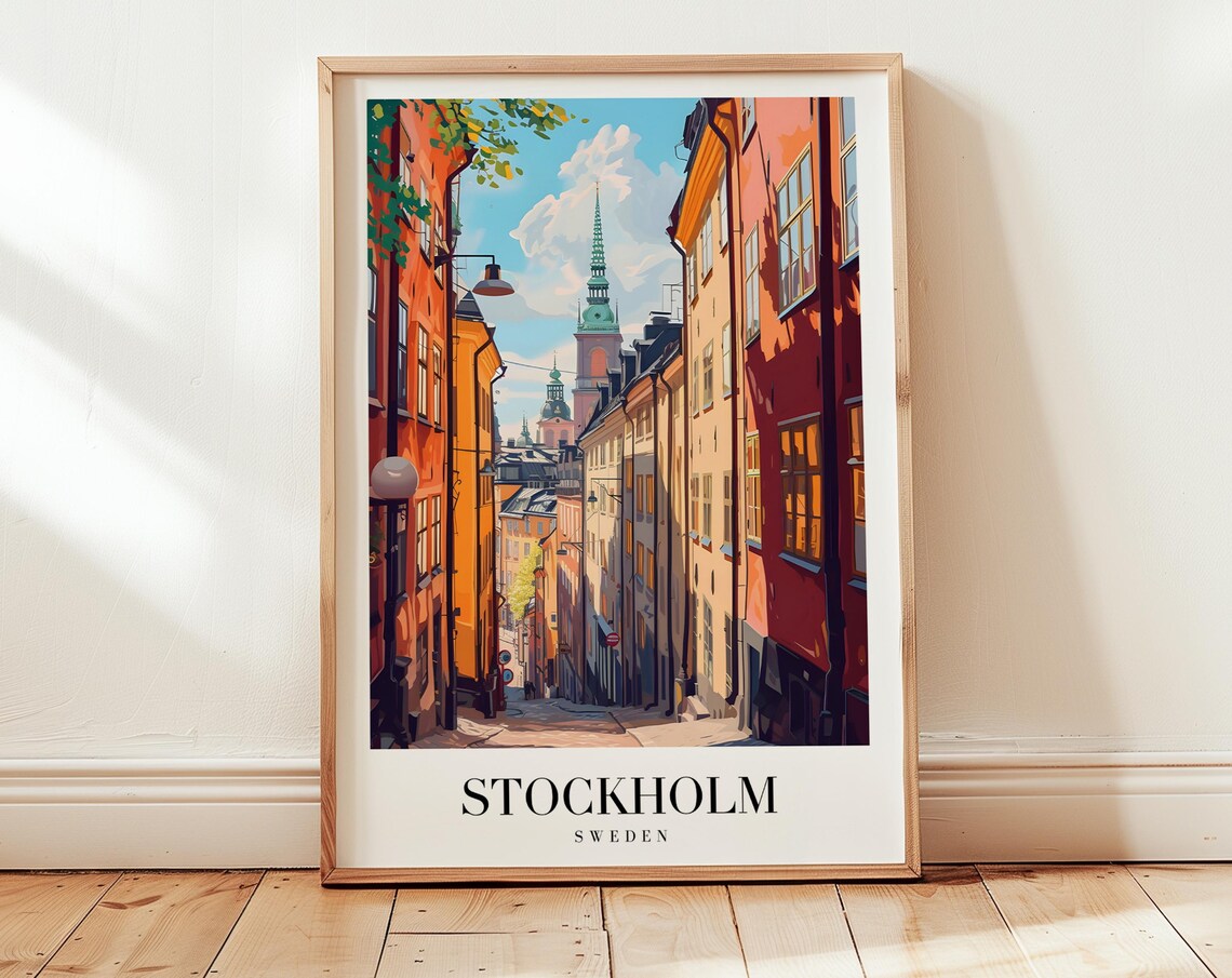 Stockholm Sweden Old Town Street Church Spire Sunny Travel Poster
