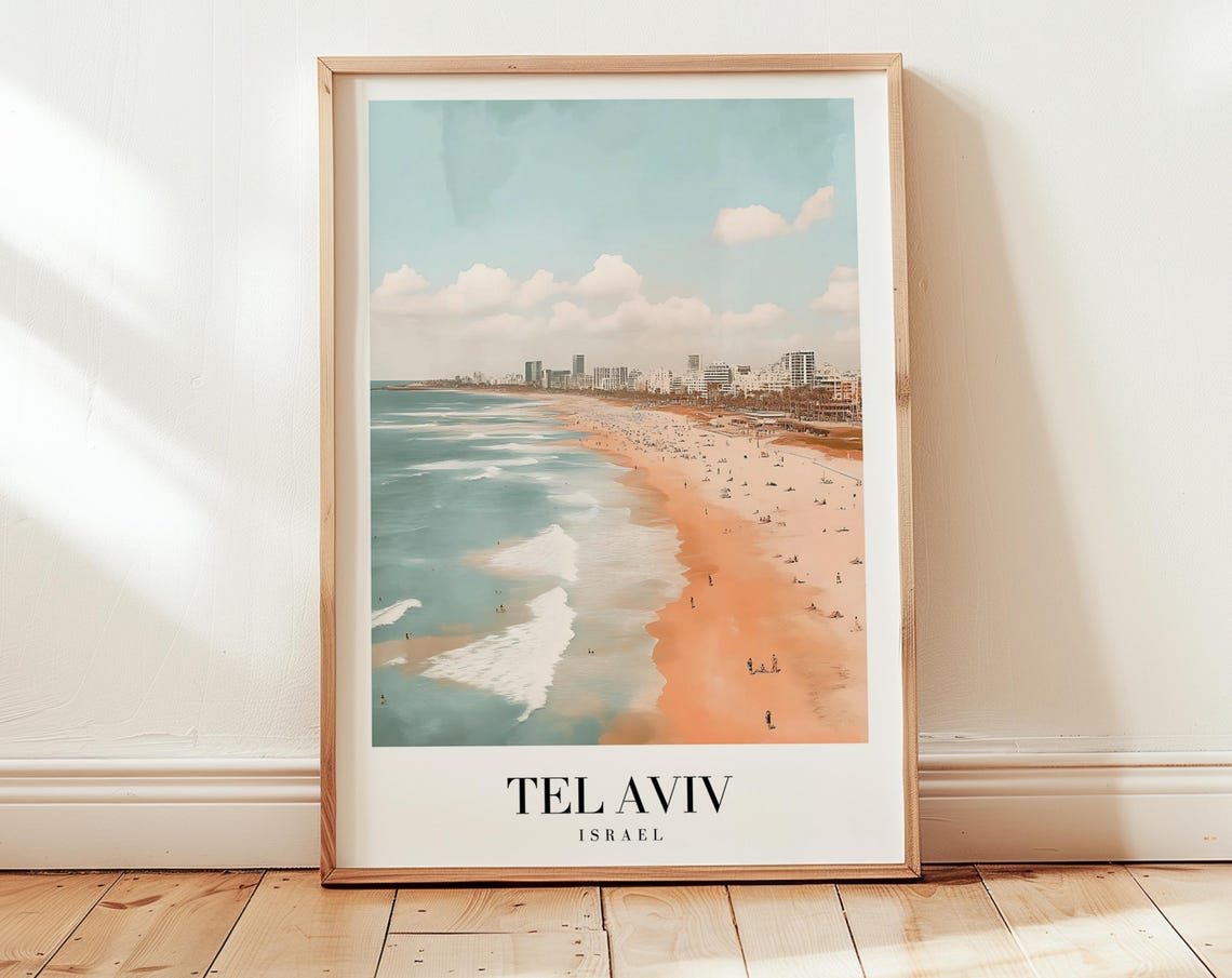 Tel Aviv Israel Mediterranean Beach City Skyline Vintage Poster