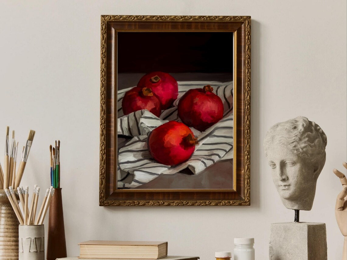 Red Pomegranates on Striped Linen Dark Background Oil Still Life Poster