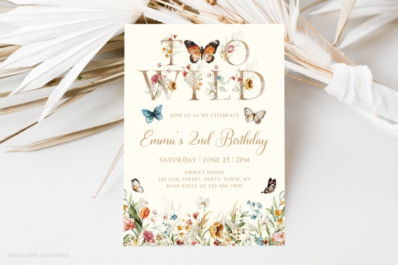 Wildflower Second Birthday Invitation Template Butterflies Birthday Invitation Two Wild Girls Birthday Flower Invitation Meadow Flowers