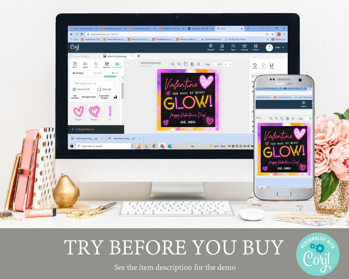 Valentine You Make My Heart Glow Neon Hearts Gift Tag Art Print - Image 4