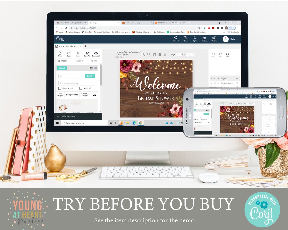 Rustic Wood Bridal Shower Welcome Sign Fall Floral String Lights Print - Image 4