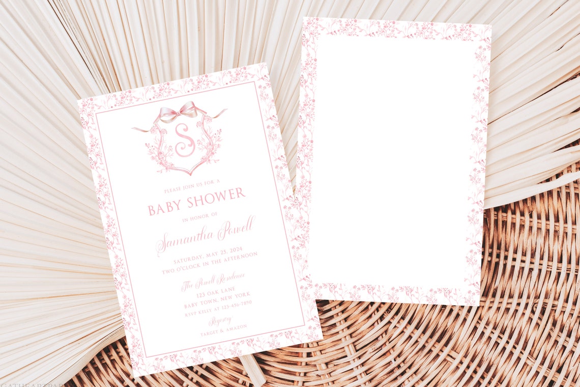 Pink Monogram Crest Baby Shower Invitation Floral Border Print - Image 5