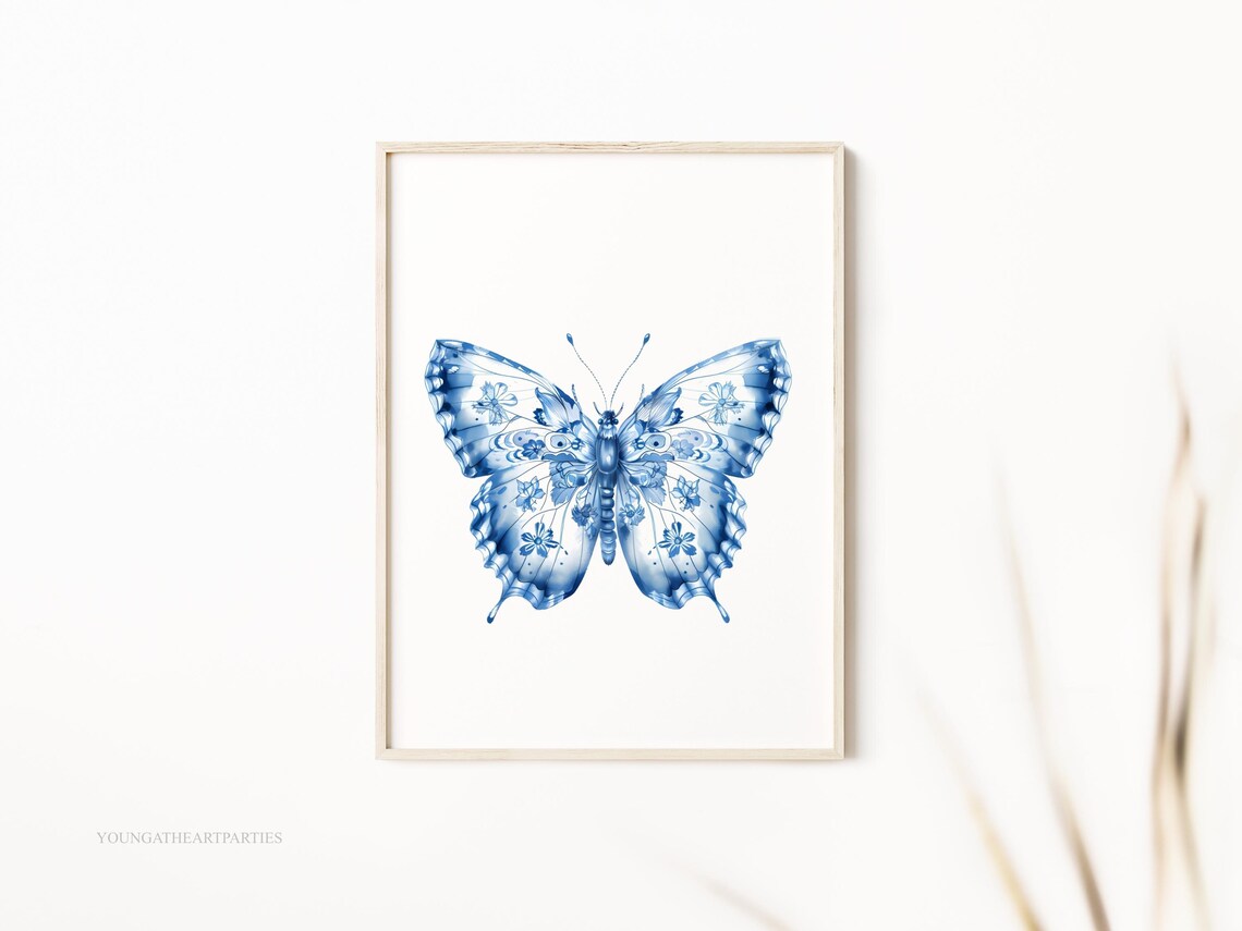 Blue White Chinoiserie Floral Butterfly Watercolor Art Print - Image 3