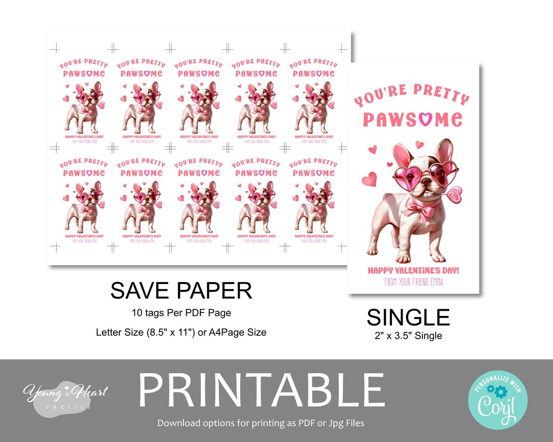 Pretty Pawsome French Bulldog Valentine Gift Tag Editable Print - Image 2