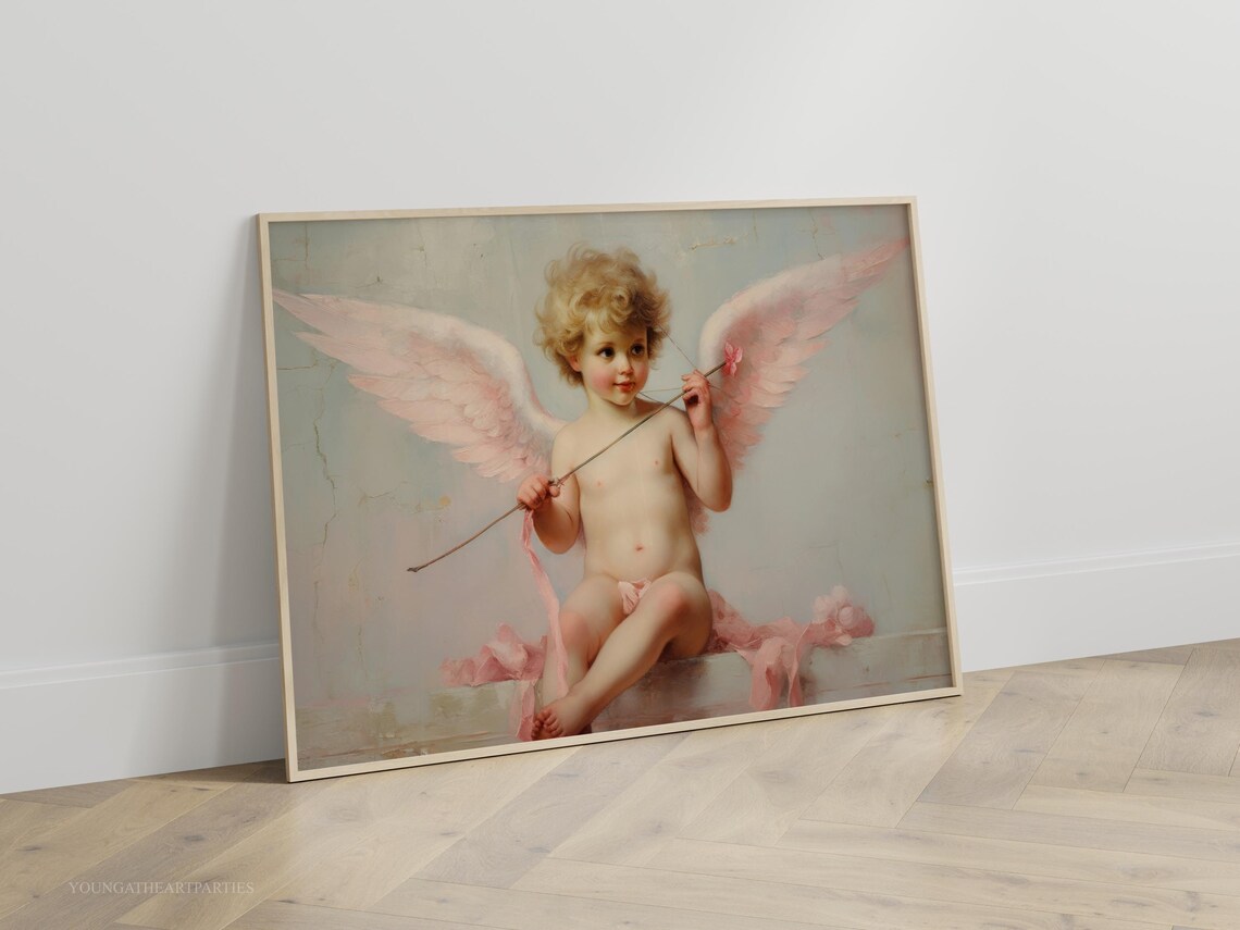 Vintage Cupid Cherub Oil Painting Valentine Angel Pink Wings Art Print - Image 4