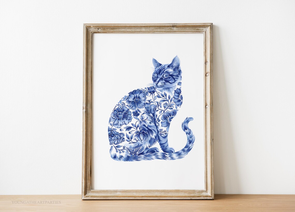 Blue White Chinoiserie Floral Cat Silhouette Porcelain Style Art Print