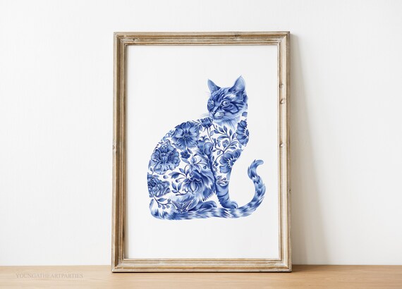Blue White Chinoiserie Floral Cat Silhouette Porcelain Style Art Print