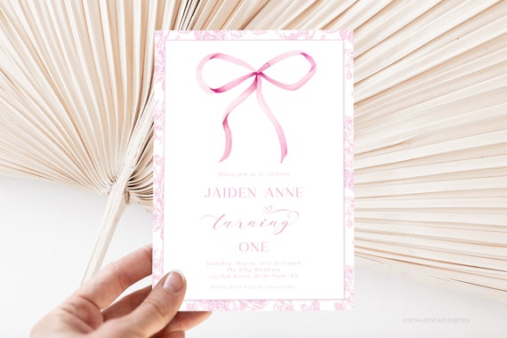 Pink Bow 1st Birthday Invitation Pink Bow First Birthday Invite Chinoiserie Blush Pink Watercolor Ribbon Birthday Invite Wpb