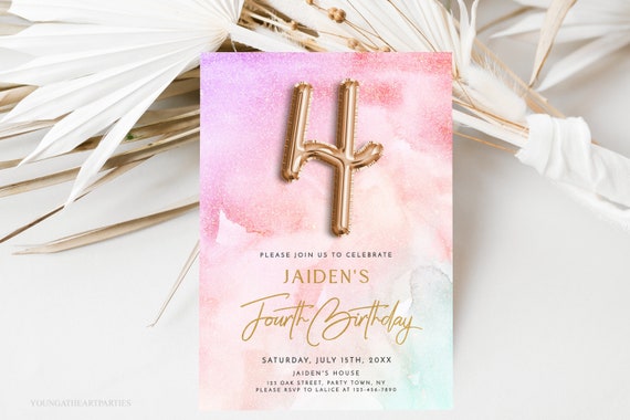 Rainbow Pastel 4th Birthday Invitation Template Rainbow Sky Watercolor Fourth Birthday Invite Gold Foil Girls Fourth Birthday Invitation