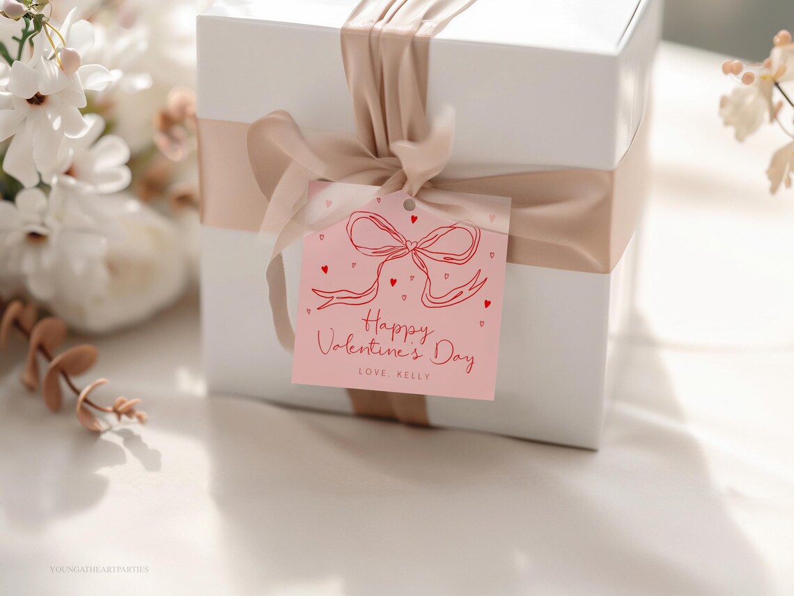 Happy Valentine's Day Gift Tag Pink Bow Line Art Card Poster - Image 5