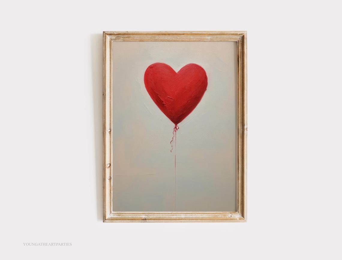 Red Heart Balloon Minimalist Love Art Soft Gray Modern Wall Print - Image 4