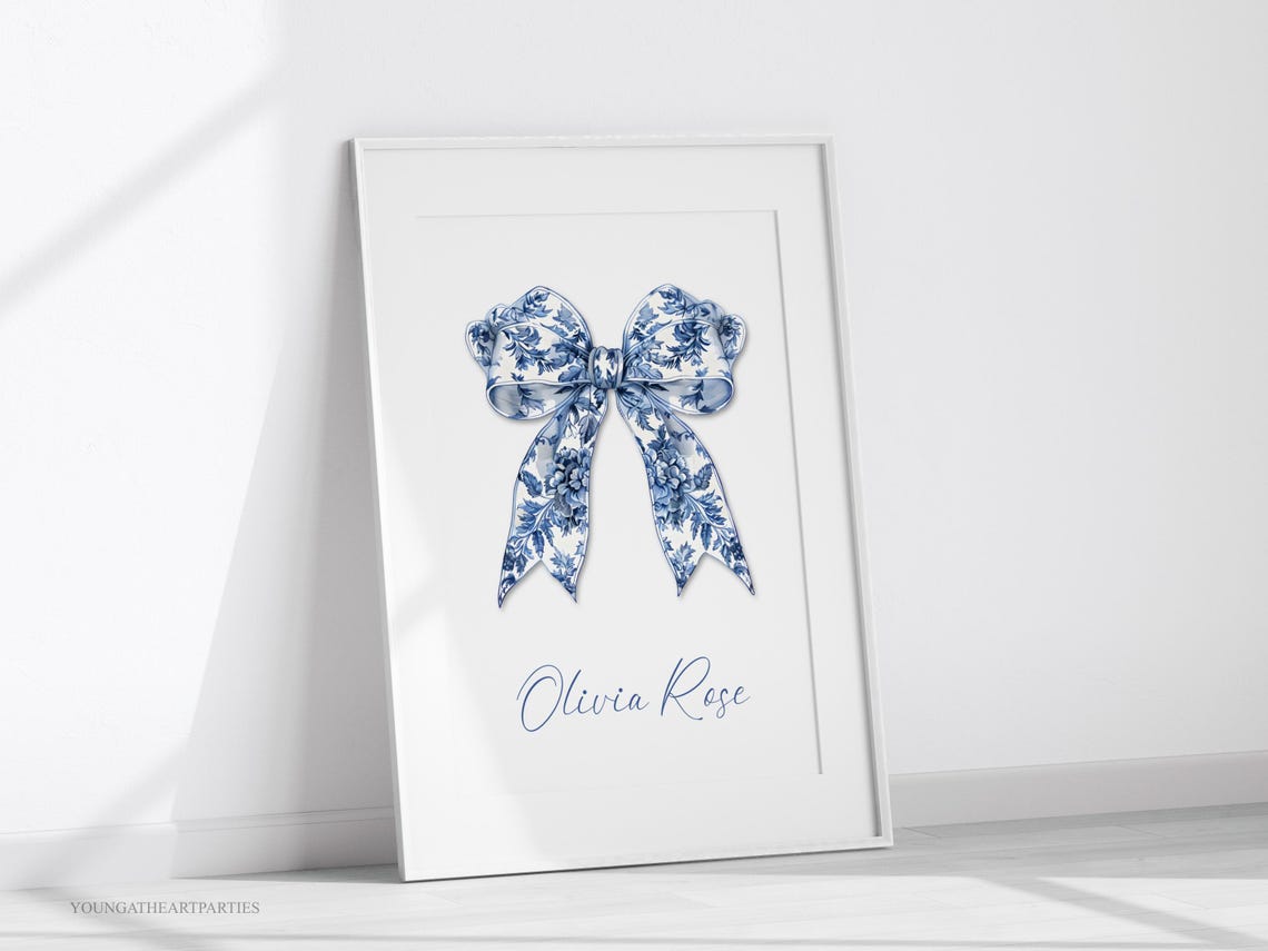 Blue Floral Bow Personalized Baby Girl Nursery Name Wall Art - Image 3