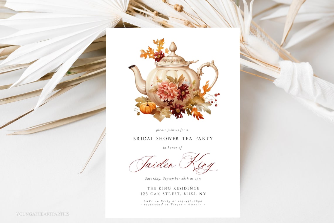 Autumn Teapot Bridal Shower Tea Party Invitation Fall Floral Print