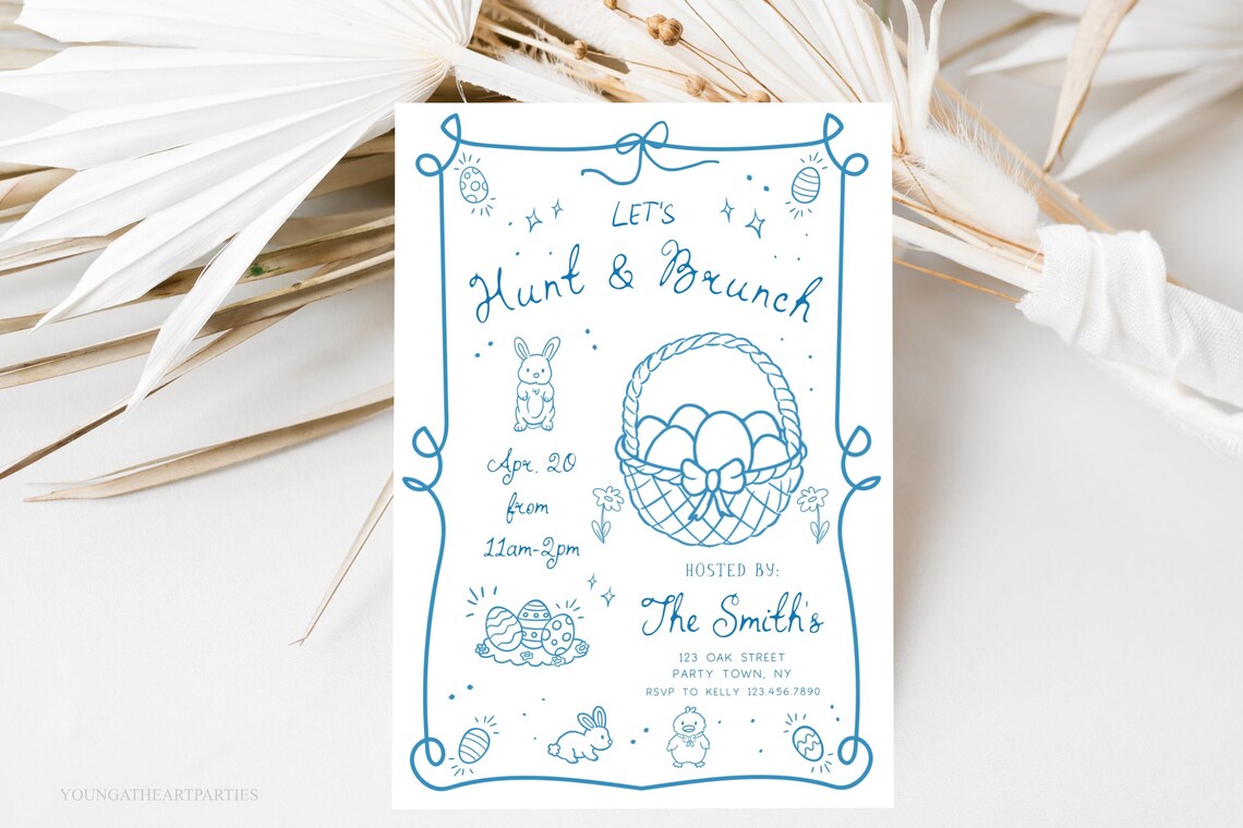 Hand Drawn Easter Hunt and Brunch Invitation Bunny Egg Blue Party Print