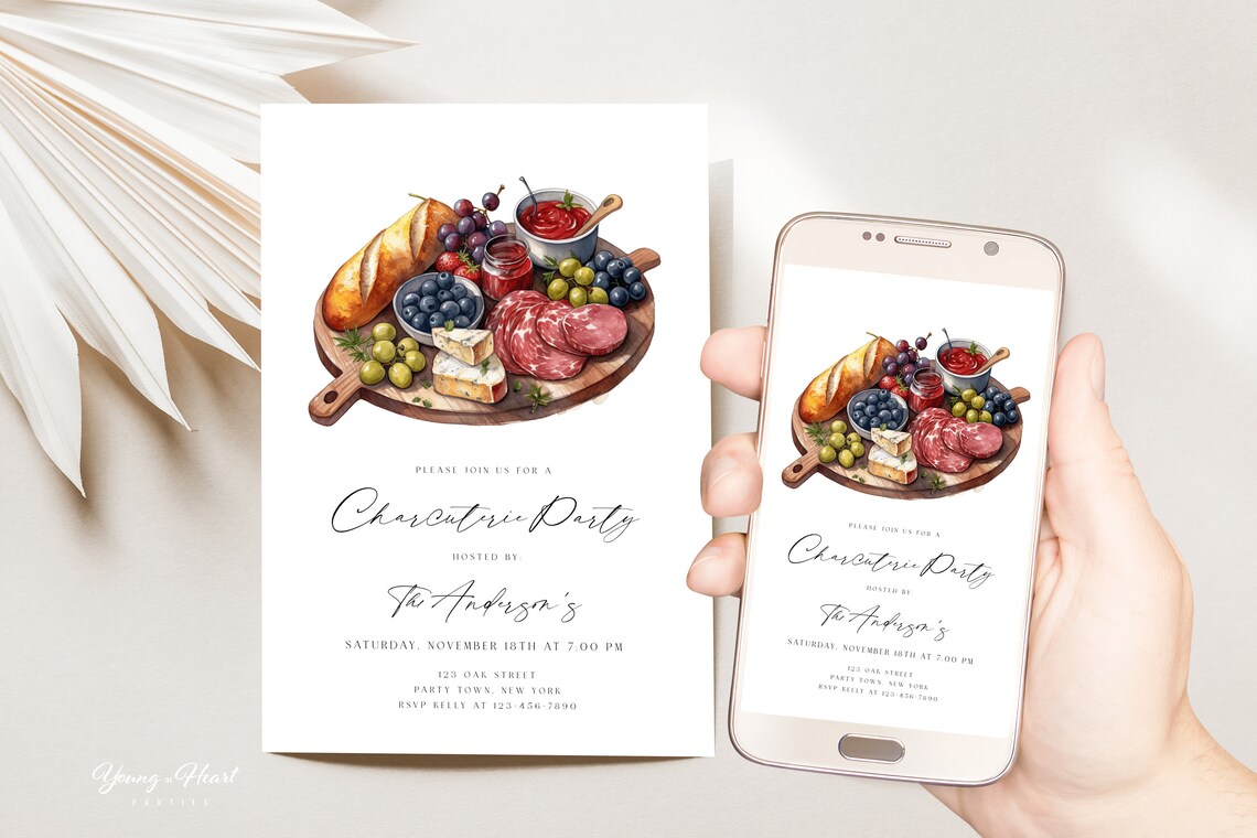 Charcuterie Party Invitation Wine Cheese Watercolor Editable Invite Print - Image 5
