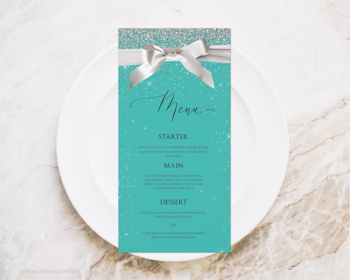 Bride Co Blue Silver Glitter Satin Bow Menu Card Template Print