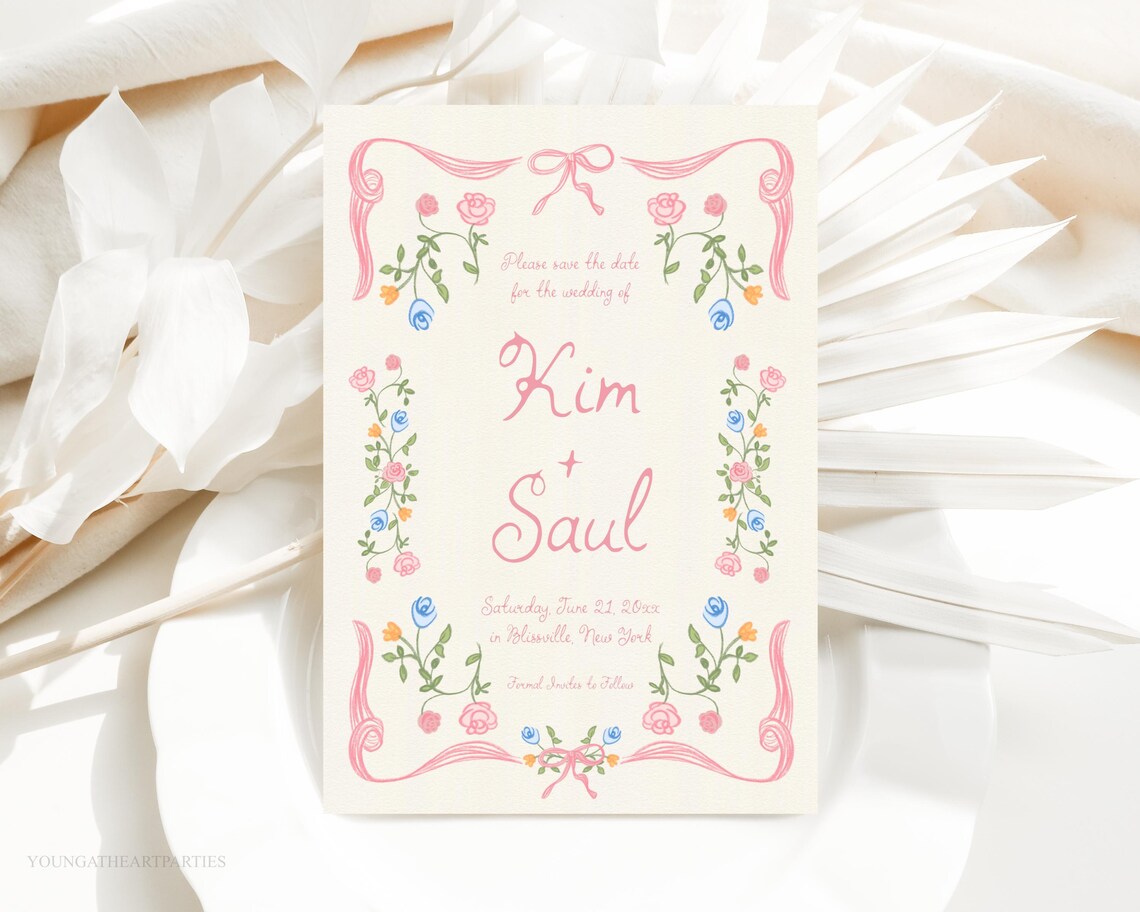 Kim and Saul Pink Floral Save the Date Wedding Invitation Print - Image 5