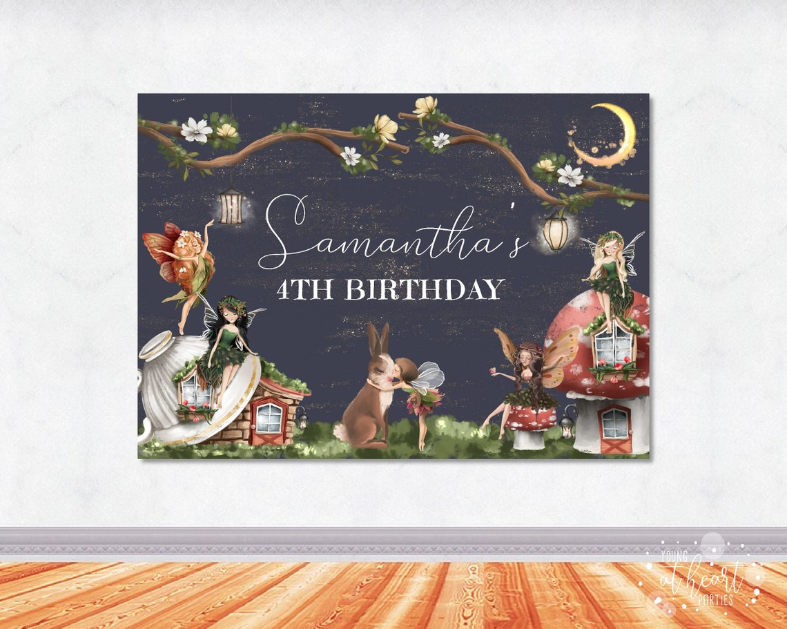 Enchanted Fairy Garden Personalized Birthday Party Backdrop Poster