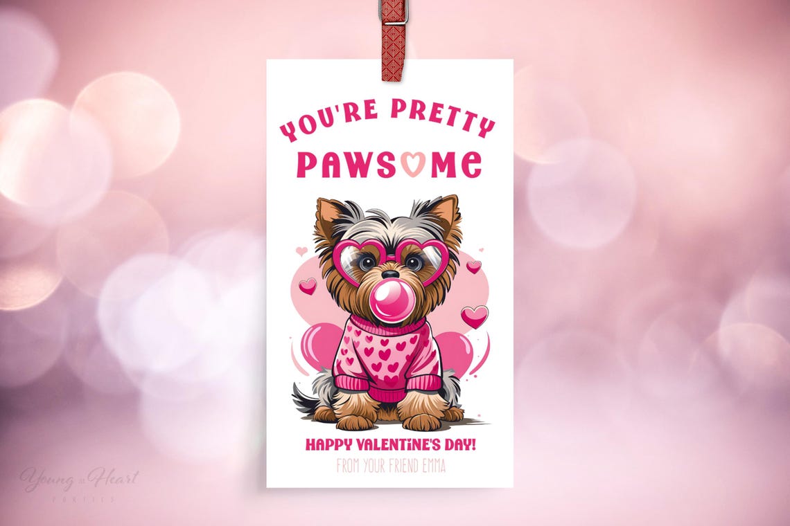 Pretty Pawsome Yorkie Bubble Gum Valentine Gift Tag Editable Print