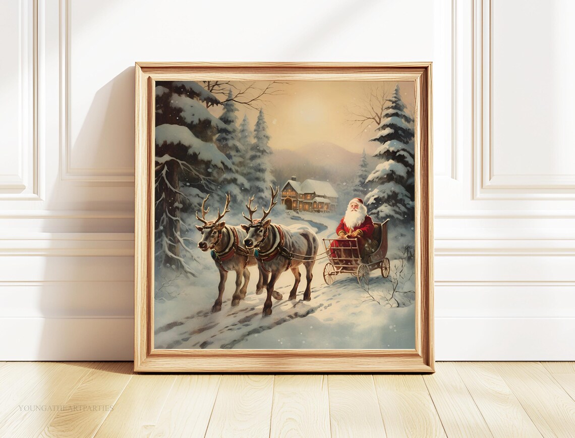 Vintage Santa Sleigh Reindeer Snowy Forest Christmas Wall Art - Image 6