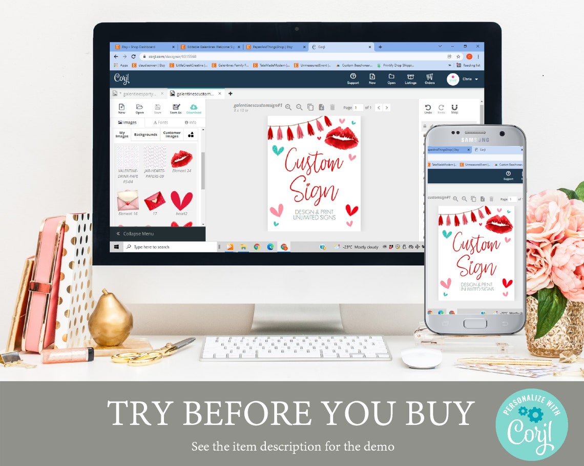 Galentines Day Custom Sign Red Lips Hearts Party Decor Print - Image 3