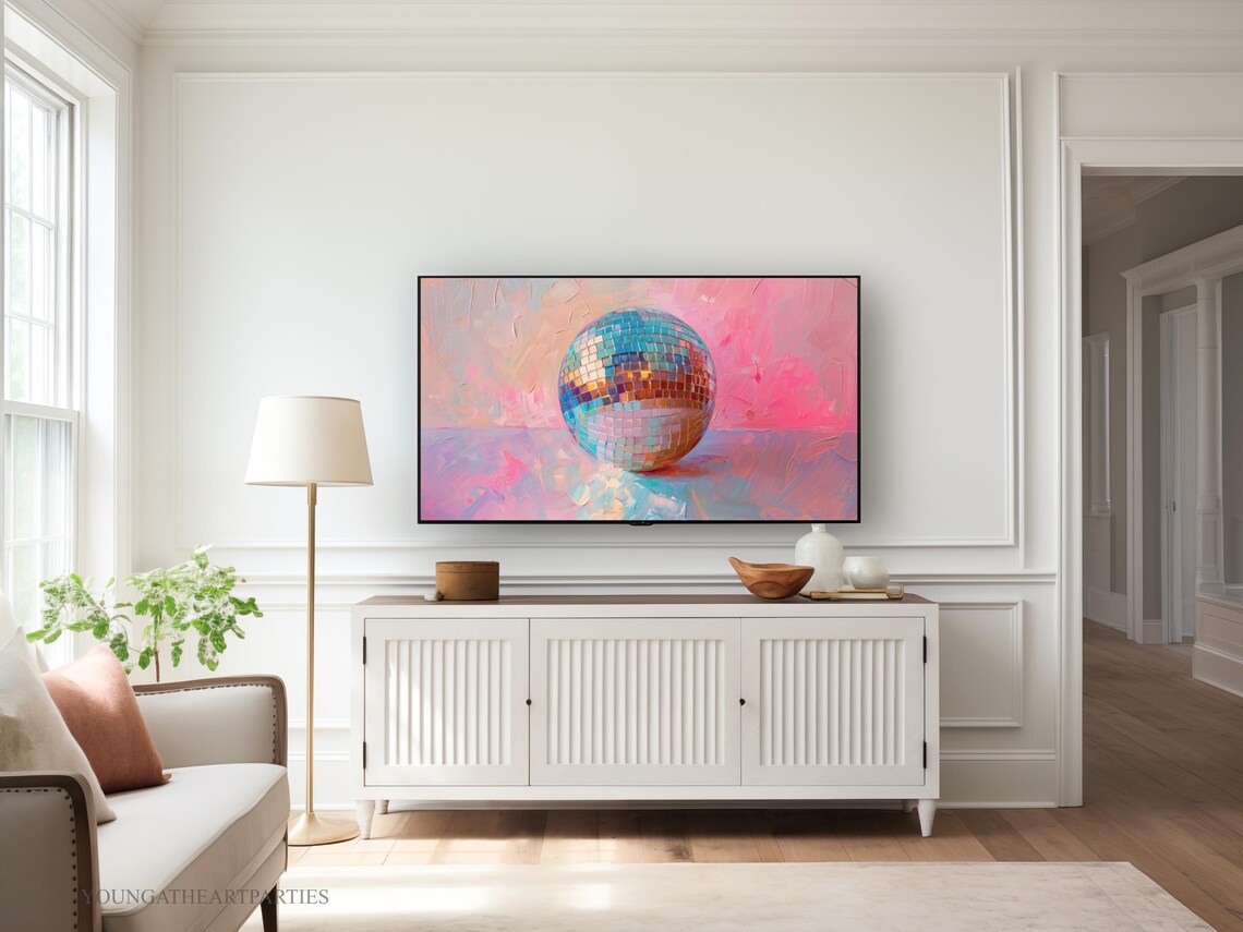 Pink Disco Ball Pastel New Years Eve Glamorous Frame TV Wall Art - Image 5