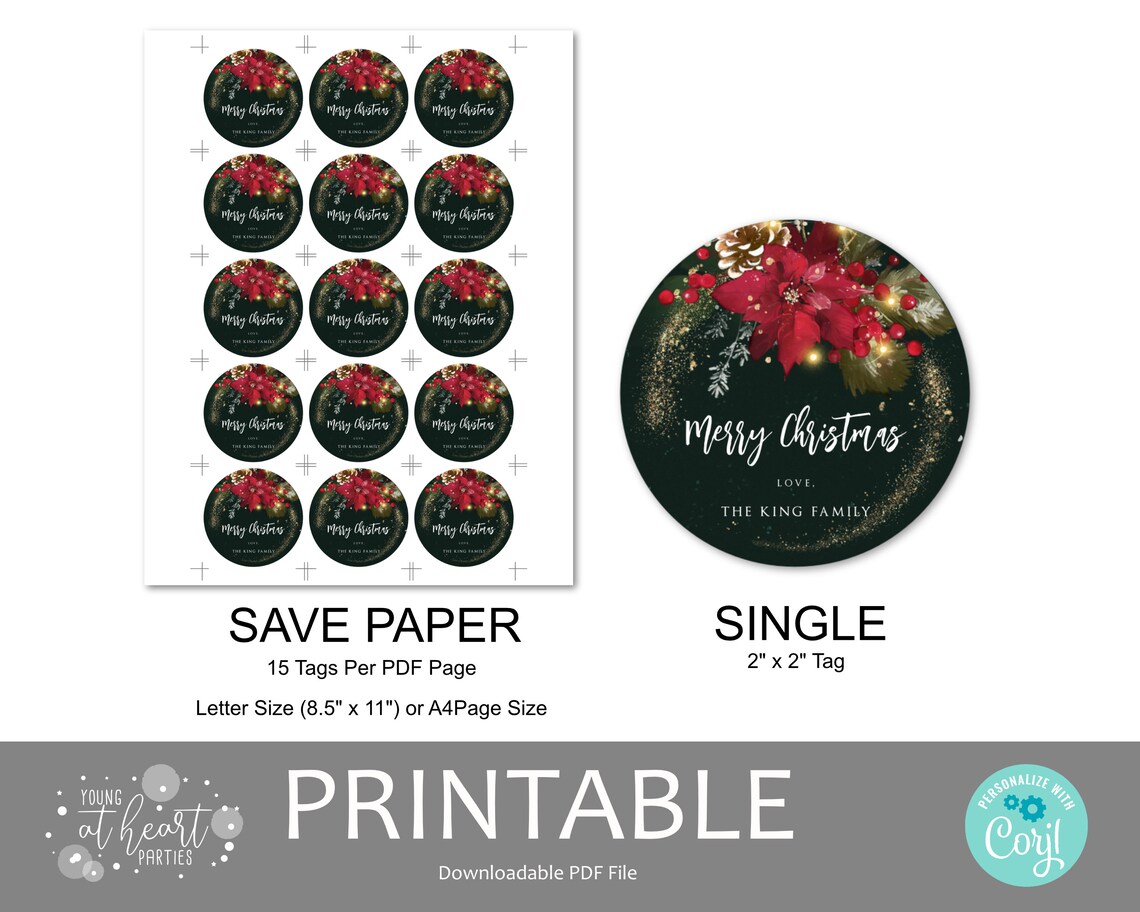 Round Poinsettia Merry Christmas Favor Tag Gold Green Holiday Print - Image 2