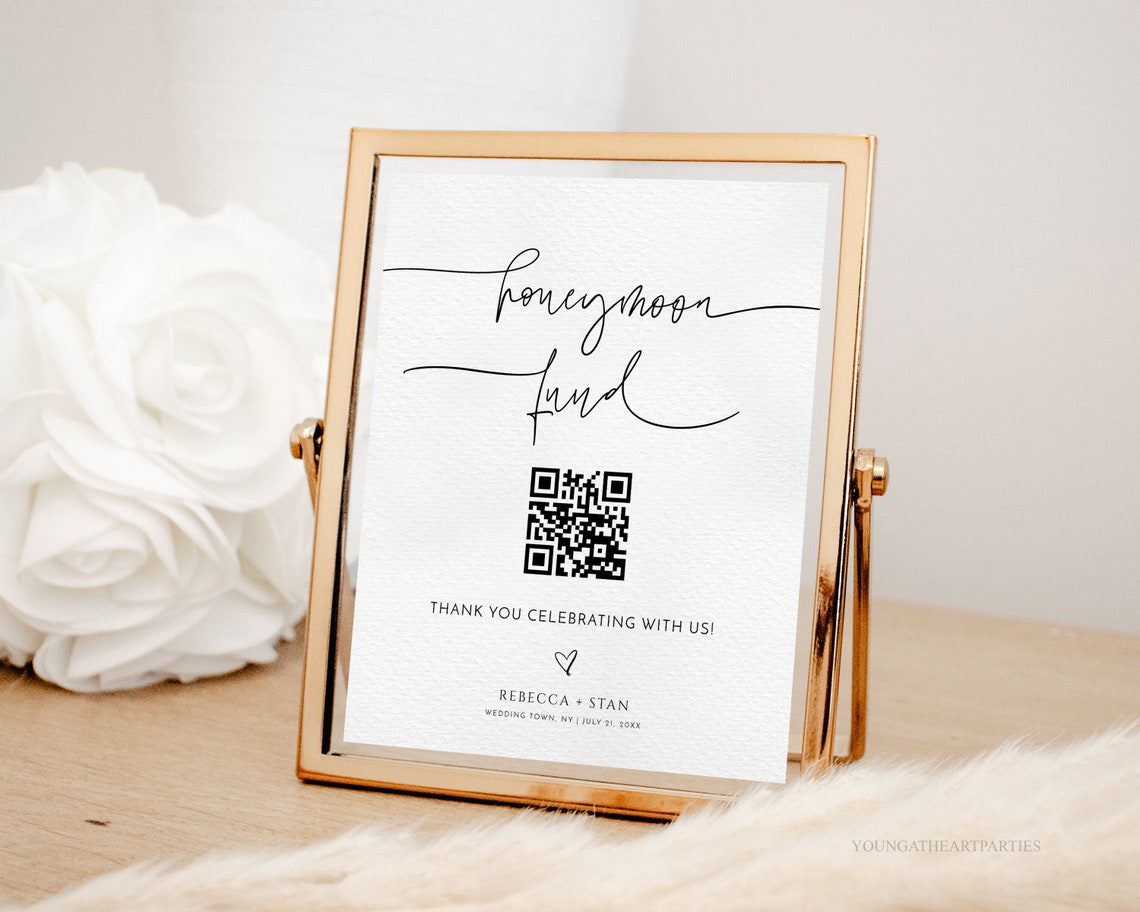 Minimalist Honeymoon Fund QR Code Sign Wedding Money Gift Table Poster