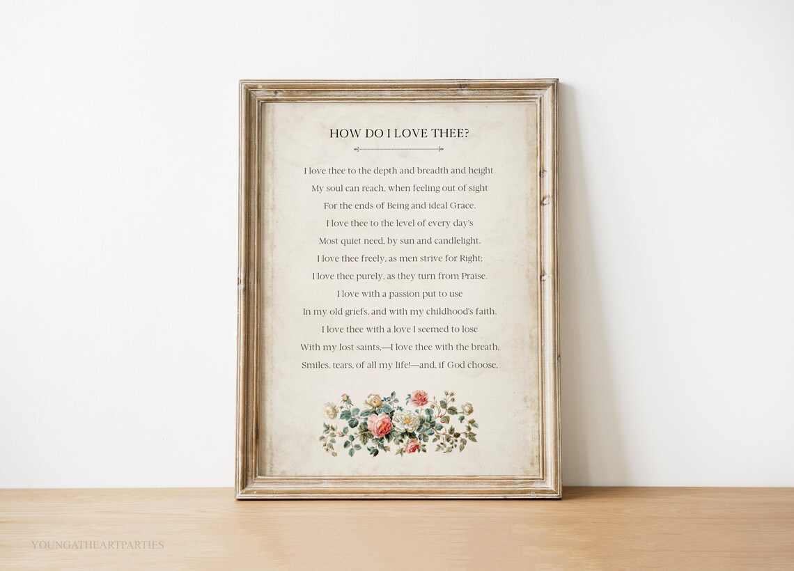 How Do I Love Thee Poem with Floral Wreath Literary Wall Art - Image 3