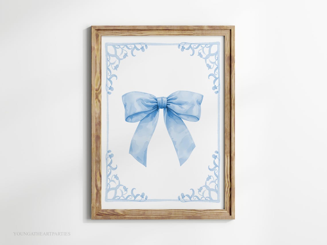 Preppy Blue Bow Watercolor Coquette Hand Drawn Nursery Wall Art - Image 3