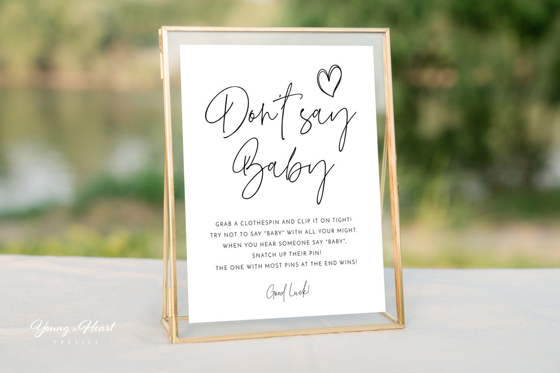 Minimalist Don't Say Baby Clothespin Game Modern Shower Sign Print