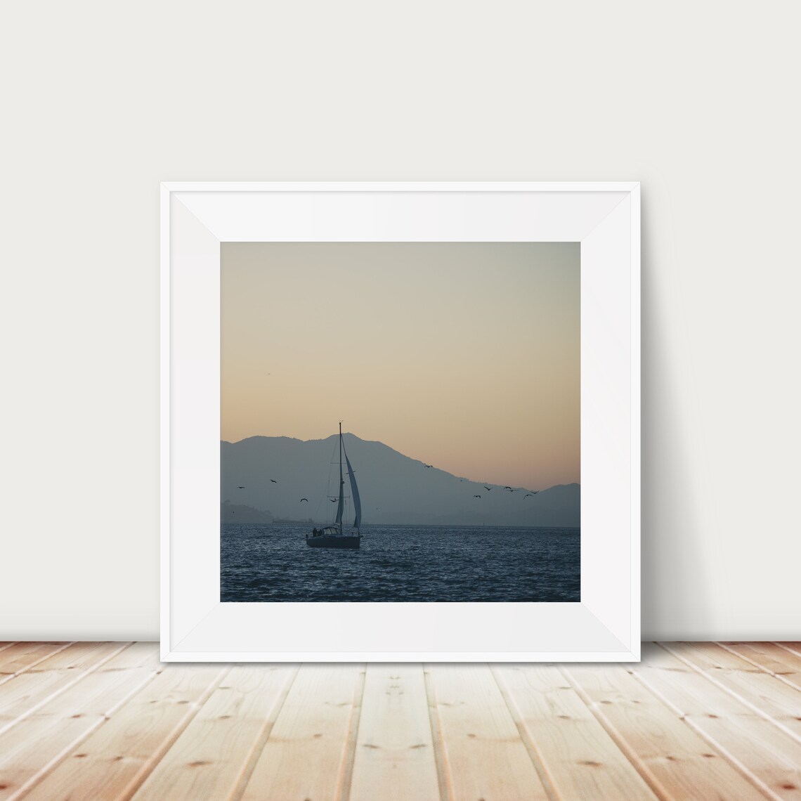 Sailboat Silhouette At Sunset With Birds Over Dark Water Poster
