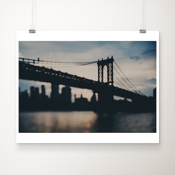 Manhattan Bridge Silhouette Against Dusk Sky Over The River Poster