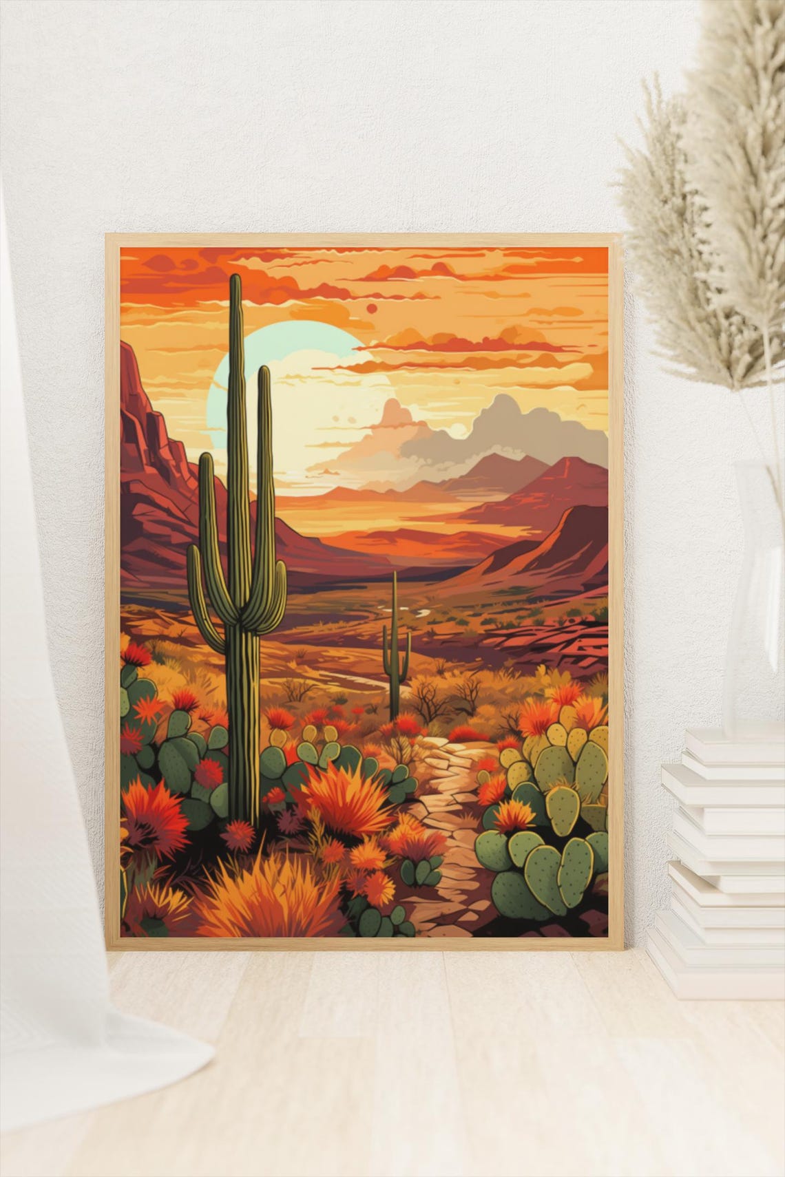 Vibrant Desert Sunset Saguaro Cactus Red Rock Canyon Wall Art