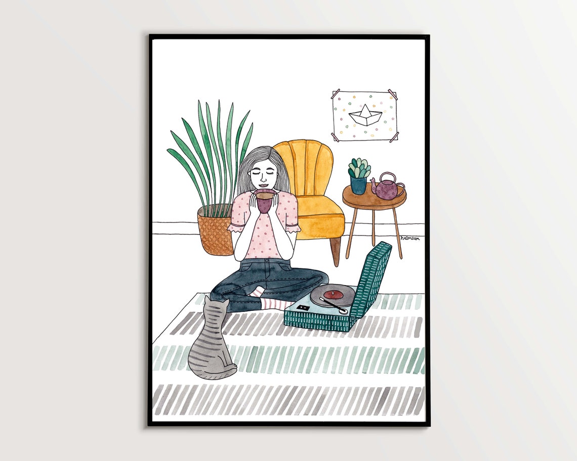 Cozy Woman Relaxing With Tea Vinyl Record Player and Cat Poster