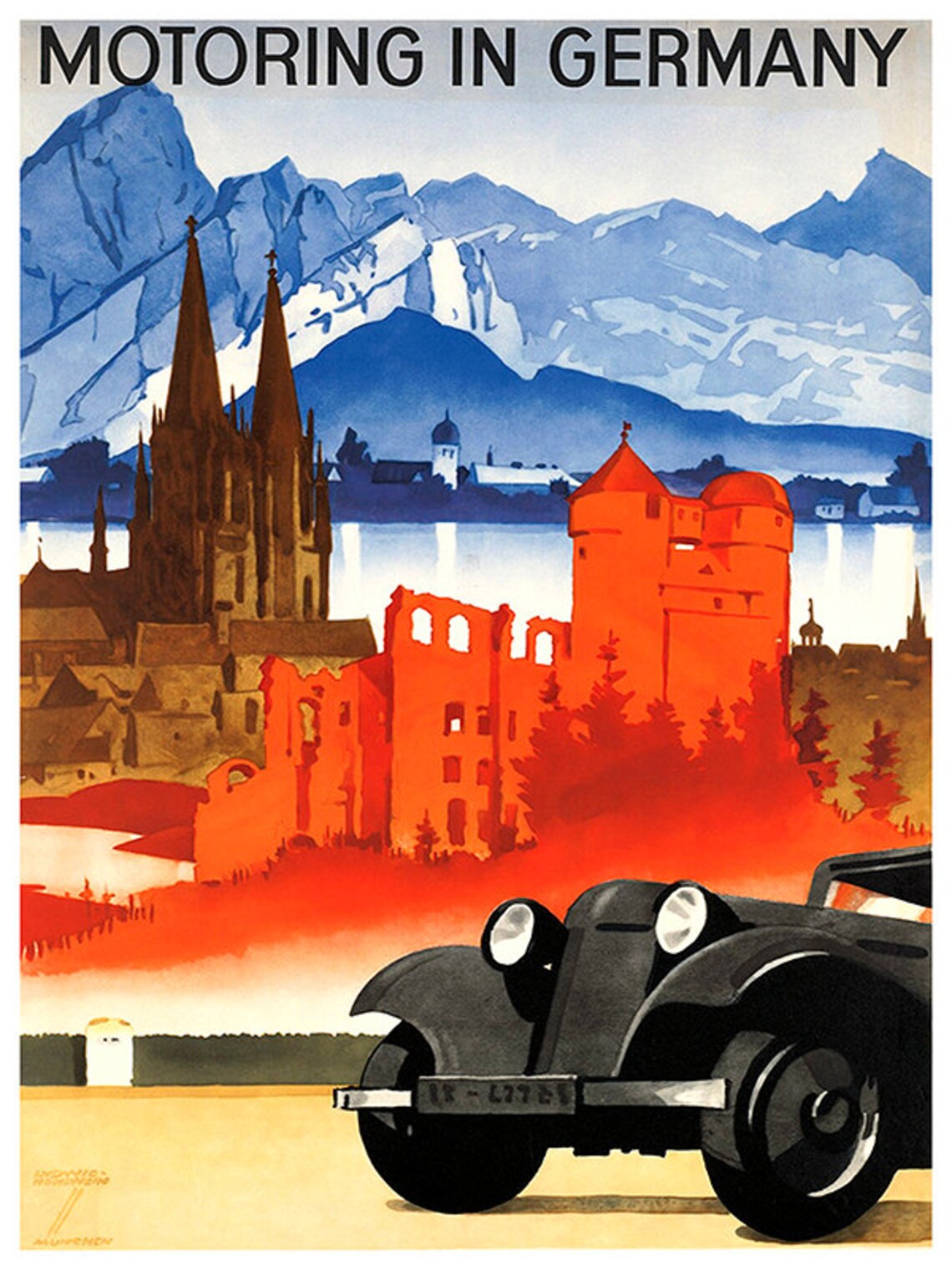 Motoring In Germany Vintage Poster Classic Car Cathedral Alps Art - Image 2
