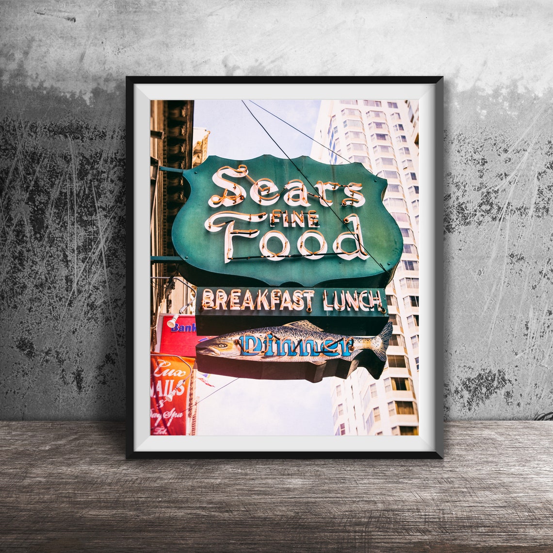 Sears Fine Food San Francisco Green Neon Shield Fish Sign Poster