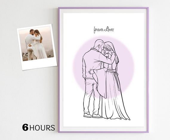 Custom Line Art Couple Portrait with Forever Love Script Text Poster